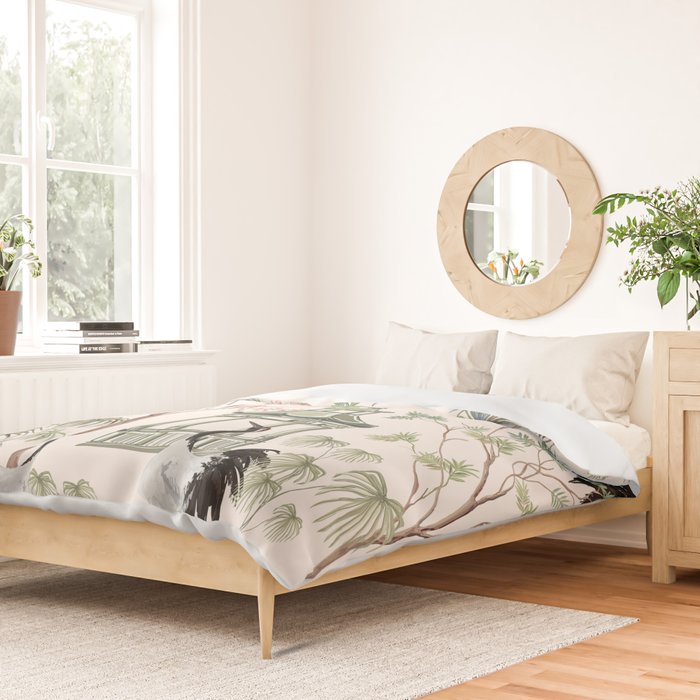 Chinoiserie Blush Pink Blooming Peony Pagoda Bird Garden Pattern Duvet Cover Gallery Image 2