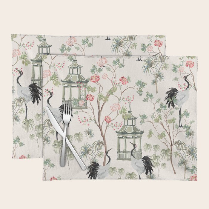 Chinoiserie Blush Pink Blooming Peony Pagoda Bird Garden Pattern Placemat Gallery Image 1