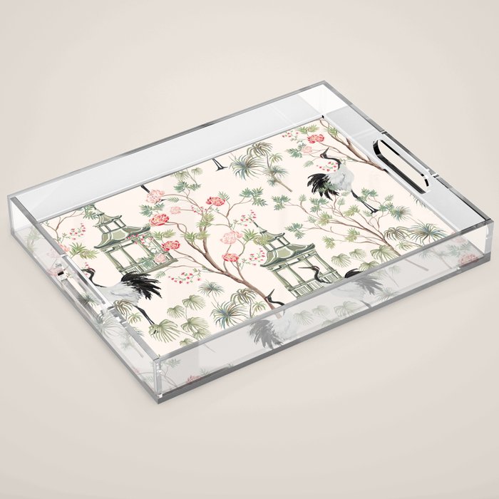 Chinoiserie Blush Pink Blooming Peony Pagoda Bird Garden Pattern Acrylic Tray Gallery Image 1