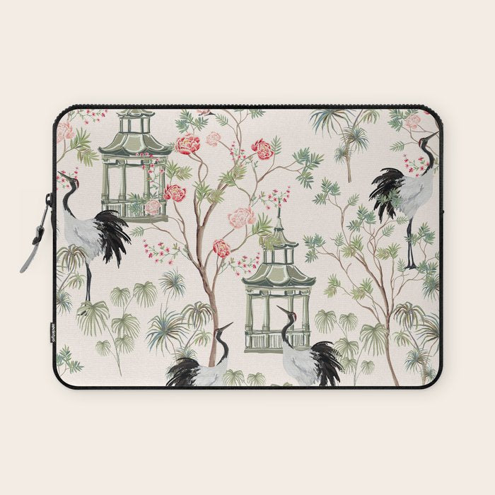 Chinoiserie Blush Pink Blooming Peony Pagoda Bird Garden Pattern Laptop Sleeve Gallery Image 1