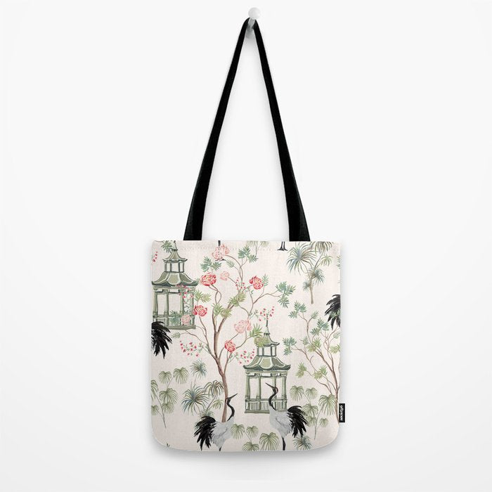 Chinoiserie Blush Pink Blooming Peony Pagoda Bird Garden Pattern Tote Bag Gallery Image 2