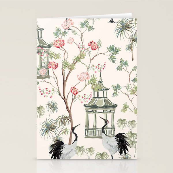 Chinoiserie Blush Pink Blooming Peony Pagoda Bird Garden Pattern Stationery Card Gallery Image 1