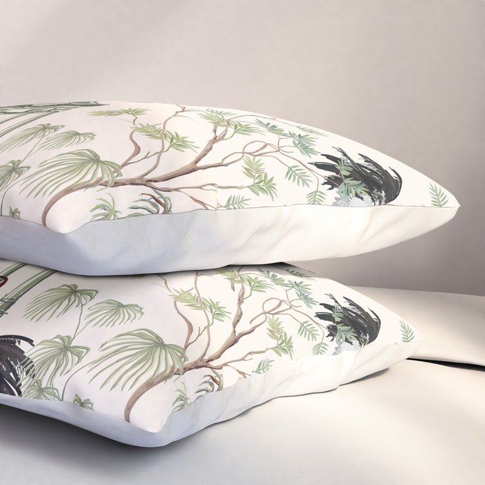 Chinoiserie Blush Pink Blooming Peony Pagoda Bird Garden Pattern Pillow Sham Gallery Image 3