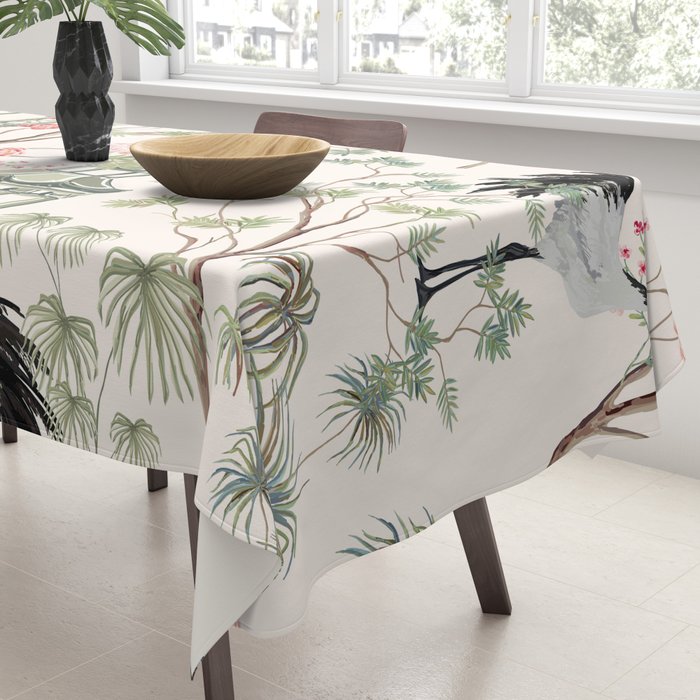 Chinoiserie Blush Pink Blooming Peony Pagoda Bird Garden Pattern Tablecloth Gallery Image 3