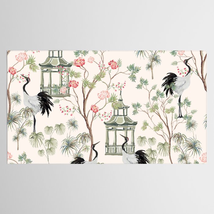 Chinoiserie Blush Pink Blooming Peony Pagoda Bird Garden Pattern Tablecloth Gallery Image 2