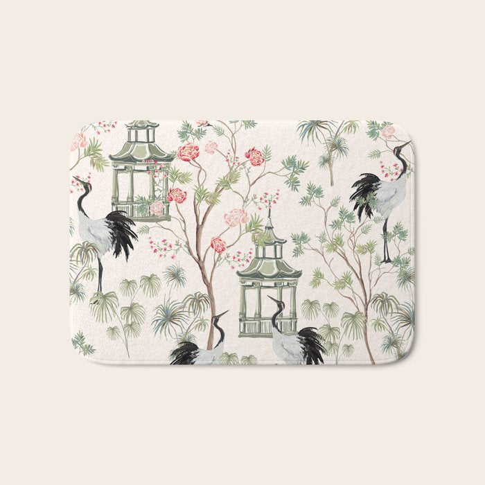 Chinoiserie Blush Pink Blooming Peony Pagoda Bird Garden Pattern Bath Mat Gallery Image 1