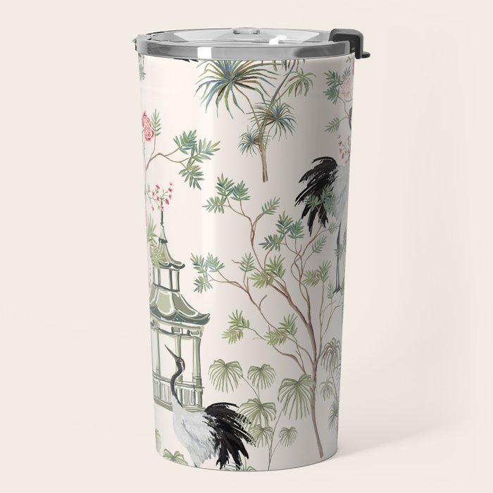 Chinoiserie Blush Pink Blooming Peony Pagoda Bird Garden Pattern Travel Mug Gallery Image 2