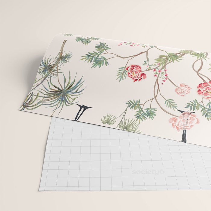 Chinoiserie Blush Pink Blooming Peony Pagoda Bird Garden Pattern Wrapping Paper Gallery Image 2