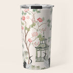 Chinoiserie Blush Pink Blooming Peony Pagoda Bird Garden Pattern Travel Mug Gallery Image 1