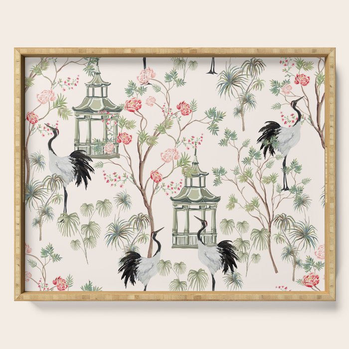 Chinoiserie Blush Pink Blooming Peony Pagoda Bird Garden Pattern Serving Tray Gallery Image 1