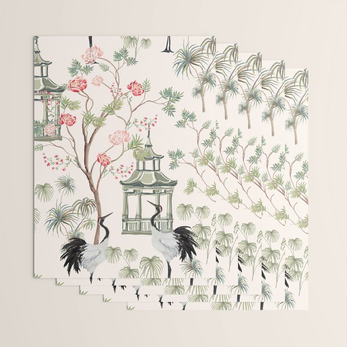 Chinoiserie Blush Pink Blooming Peony Pagoda Bird Garden Pattern Wrapping Paper Gallery Image 3