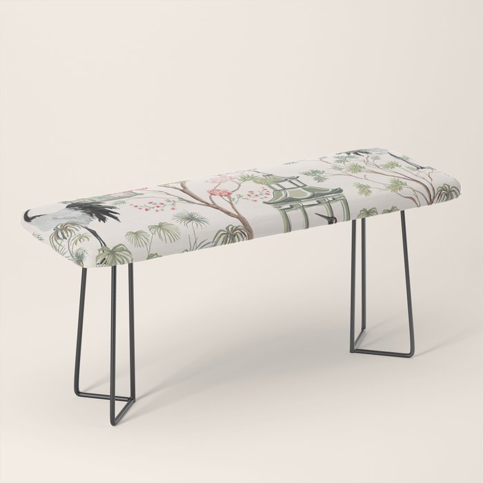 Chinoiserie Blush Pink Blooming Peony Pagoda Bird Garden Pattern Bench Gallery Image 1