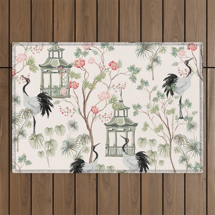 Chinoiserie Blush Pink Blooming Peony Pagoda Bird Garden Pattern Outdoor Rug Gallery Image 1