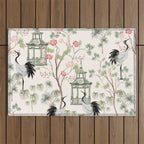 Chinoiserie Blush Pink Blooming Peony Pagoda Bird Garden Pattern Outdoor Rug Gallery Image 1