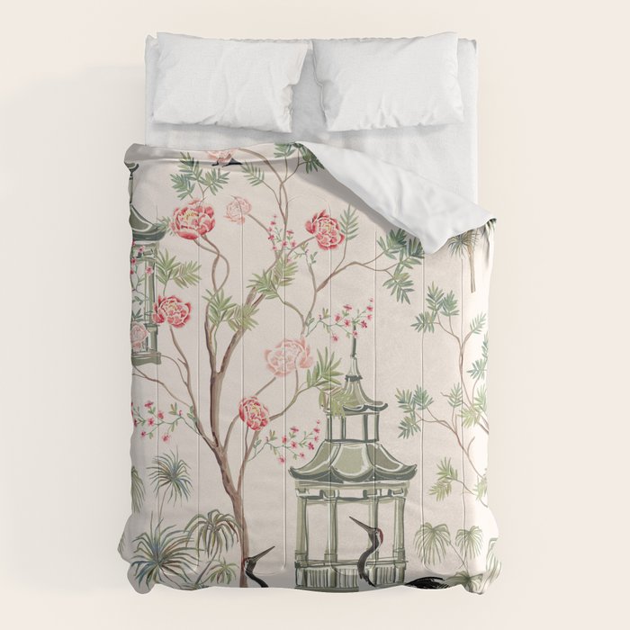 Chinoiserie Blush Pink Blooming Peony Pagoda Bird Garden Pattern Comforter Gallery Image 6