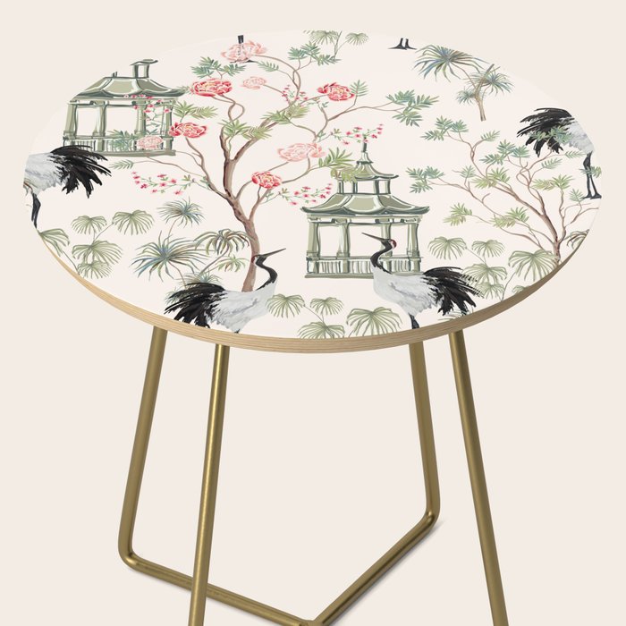 Chinoiserie Blush Pink Blooming Peony Pagoda Bird Garden Pattern Side Table Gallery Image 2