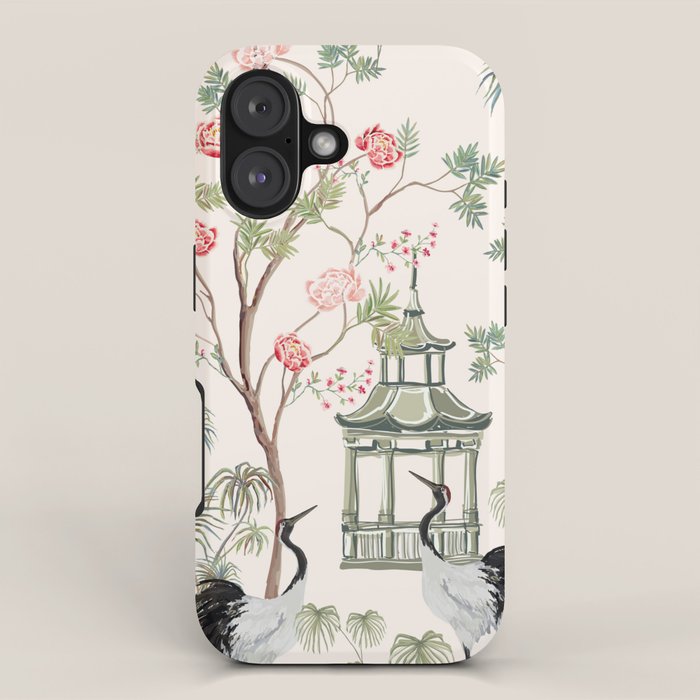 Chinoiserie Blush Pink Blooming Peony Pagoda Bird Garden Pattern iPhone Case Gallery Image 1