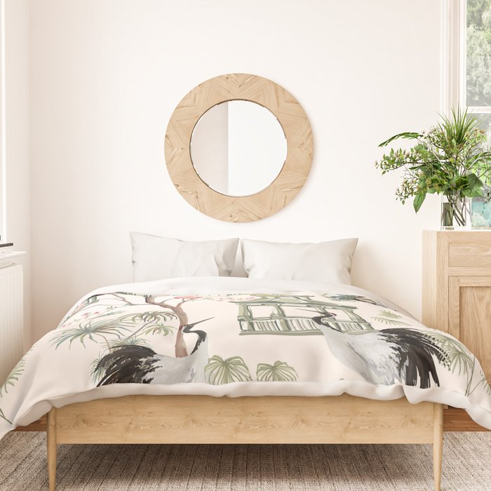 Chinoiserie Blush Pink Blooming Peony Pagoda Bird Garden Pattern Duvet Cover Gallery Image 3