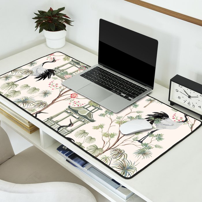 Chinoiserie Blush Pink Blooming Peony Pagoda Bird Garden Pattern Desk Mat Gallery Image 2