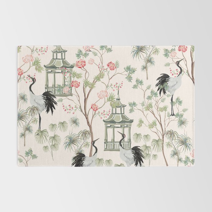 Chinoiserie Blush Pink Blooming Peony Pagoda Bird Garden Pattern Rug Gallery Image 2