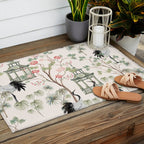 Chinoiserie Blush Pink Blooming Peony Pagoda Bird Garden Pattern Outdoor Rug Gallery Image 2