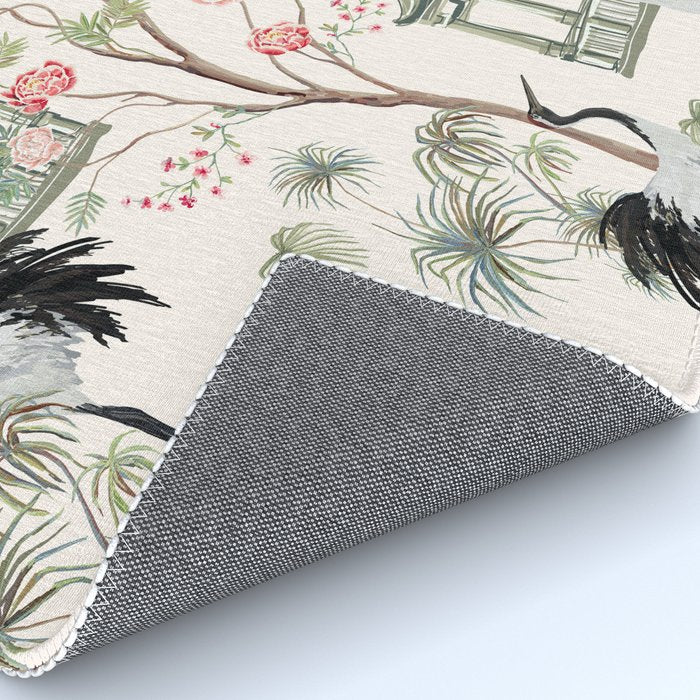 Chinoiserie Blush Pink Blooming Peony Pagoda Bird Garden Pattern Rug Gallery Image 4