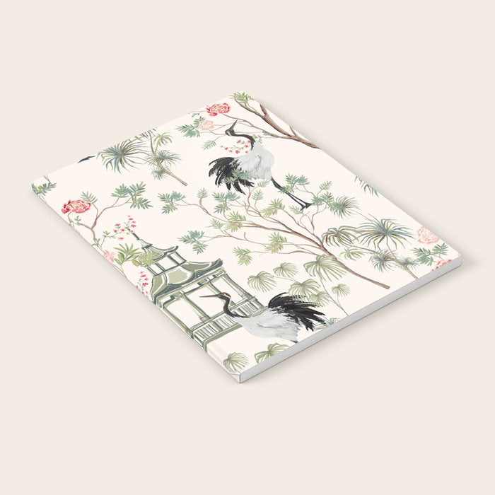 Chinoiserie Blush Pink Blooming Peony Pagoda Bird Garden Pattern Notebook Gallery Image 2