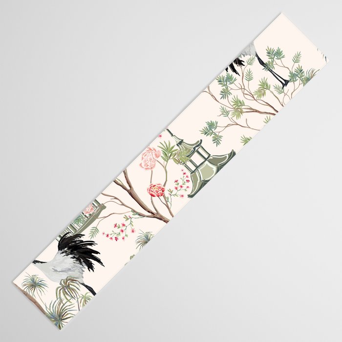 Chinoiserie Blush Pink Blooming Peony Pagoda Bird Garden Pattern Table Runner Gallery Image 3