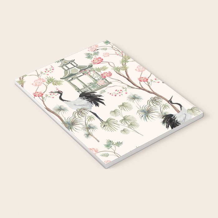Chinoiserie Blush Pink Blooming Peony Pagoda Bird Garden Pattern Notebook Gallery Image 3