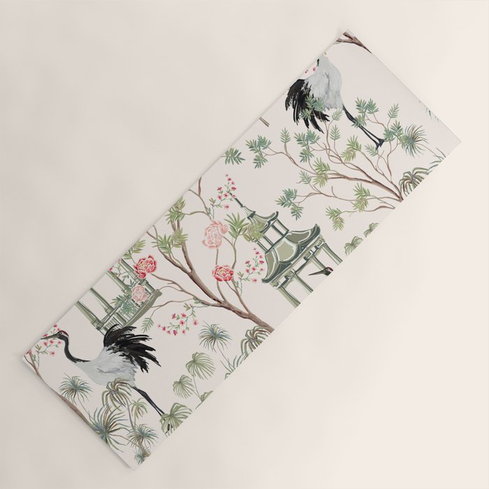 Chinoiserie Blush Pink Blooming Peony Pagoda Bird Garden Pattern Yoga Mat Gallery Image 1