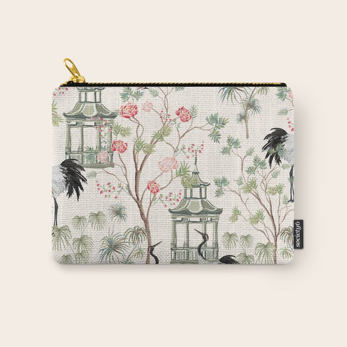 Chinoiserie Blush Pink Blooming Peony Pagoda Bird Garden Pattern Carry All Pouch Gallery Image 1