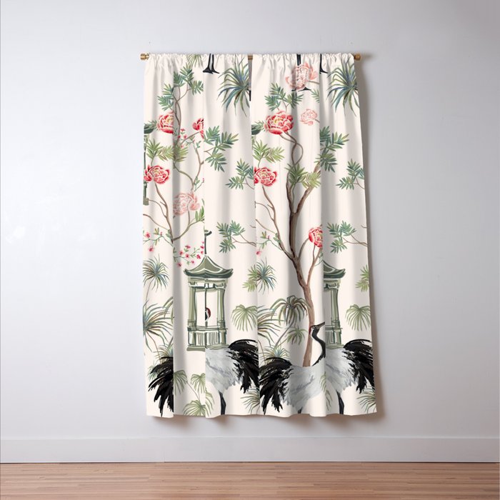 Chinoiserie Blush Pink Blooming Peony Pagoda Bird Garden Pattern Window Curtain Gallery Image 3