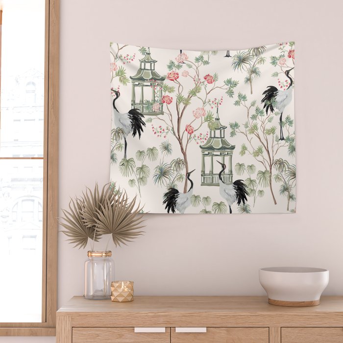 Chinoiserie Blush Pink Blooming Peony Pagoda Bird Garden Pattern Wall Tapestry Gallery Image 2