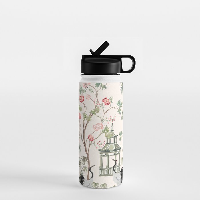 Chinoiserie Blush Pink Blooming Peony Pagoda Bird Garden Pattern Water Bottle Gallery Image 1