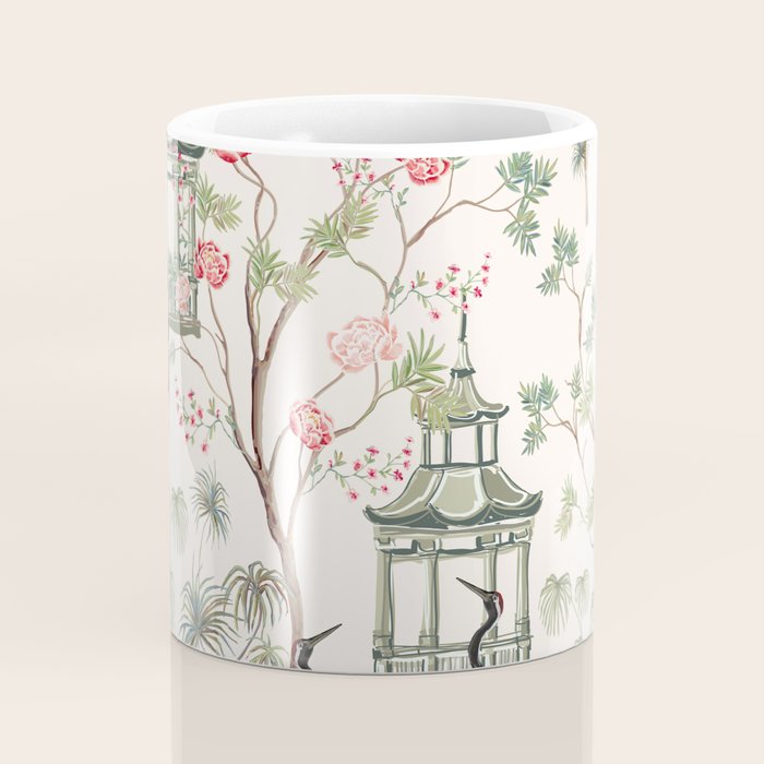 Chinoiserie Blush Pink Blooming Peony Pagoda Bird Garden Pattern Coffee Mug Gallery Image 4