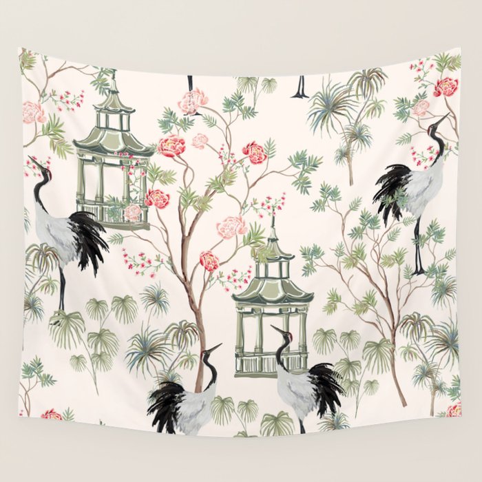Chinoiserie Blush Pink Blooming Peony Pagoda Bird Garden Pattern Wall Tapestry Gallery Image 4