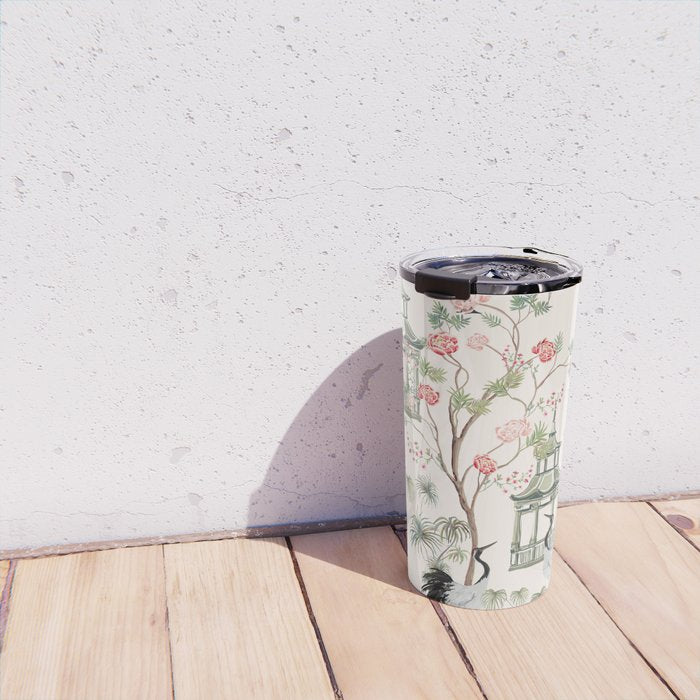Chinoiserie Blush Pink Blooming Peony Pagoda Bird Garden Pattern Travel Mug Gallery Image 4