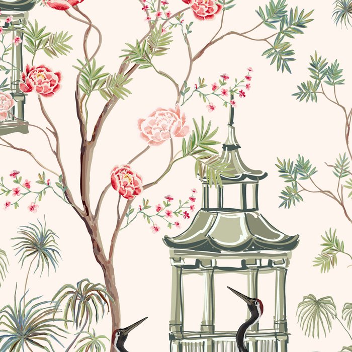 Chinoiserie Blush Pink Blooming Peony Pagoda Bird Garden Pattern Coffee Mug Gallery Image 2