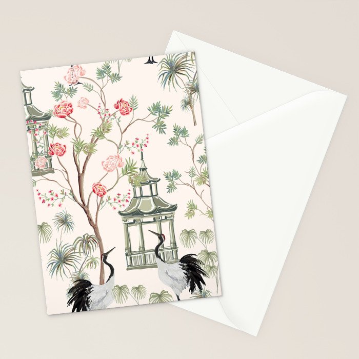 Chinoiserie Blush Pink Blooming Peony Pagoda Bird Garden Pattern Stationery Card Gallery Image 2