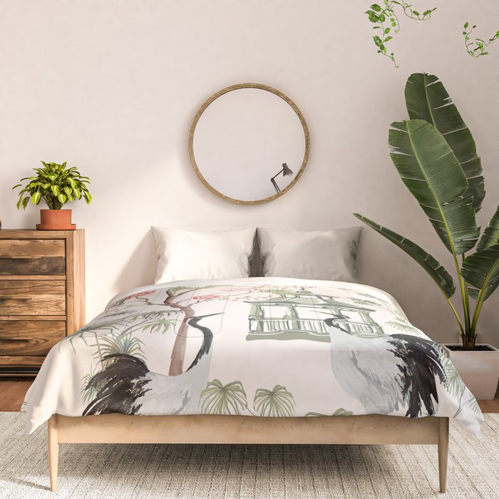 Chinoiserie Blush Pink Blooming Peony Pagoda Bird Garden Pattern Comforter Gallery Image 3