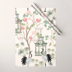 Chinoiserie Blush Pink Blooming Peony Pagoda Bird Garden Pattern Wrapping Paper Gallery Image 1