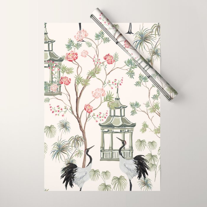 Chinoiserie Blush Pink Blooming Peony Pagoda Bird Garden Pattern Wrapping Paper Gallery Image 1