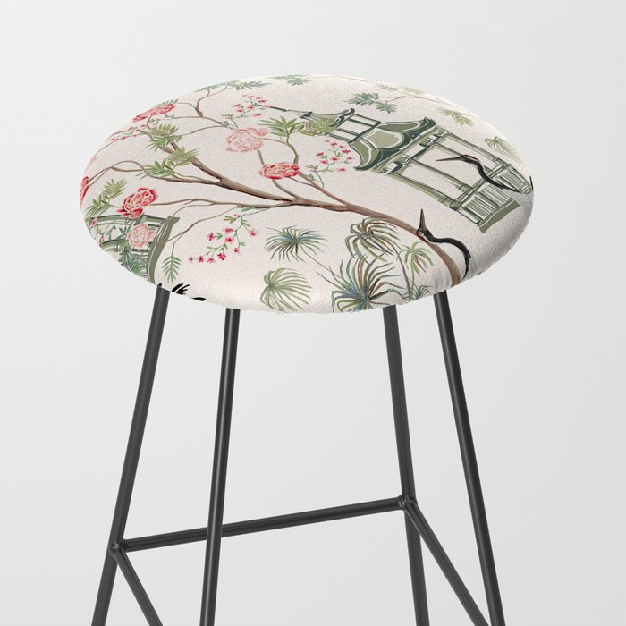 Chinoiserie Blush Pink Blooming Peony Pagoda Bird Garden Pattern Stool Gallery Image 2