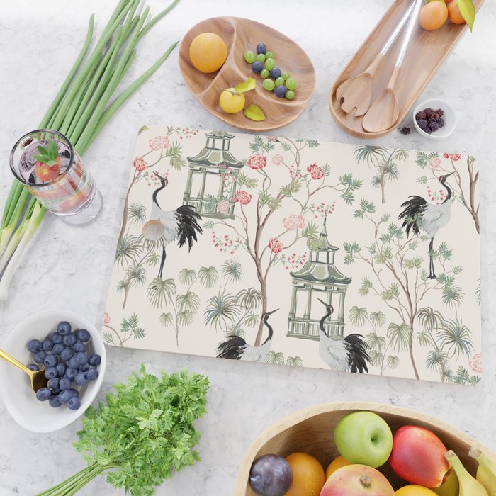 Chinoiserie Blush Pink Blooming Peony Pagoda Bird Garden Pattern Cutting Board Gallery Image 2