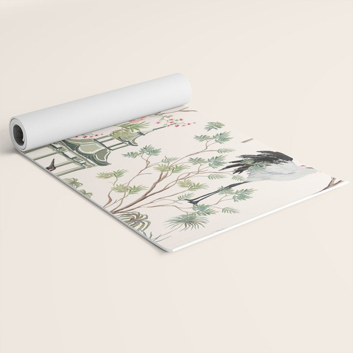 Chinoiserie Blush Pink Blooming Peony Pagoda Bird Garden Pattern Yoga Mat Gallery Image 2