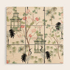 Chinoiserie Blush Pink Blooming Peony Pagoda Bird Garden Pattern Wood Wall Art Gallery Image 1