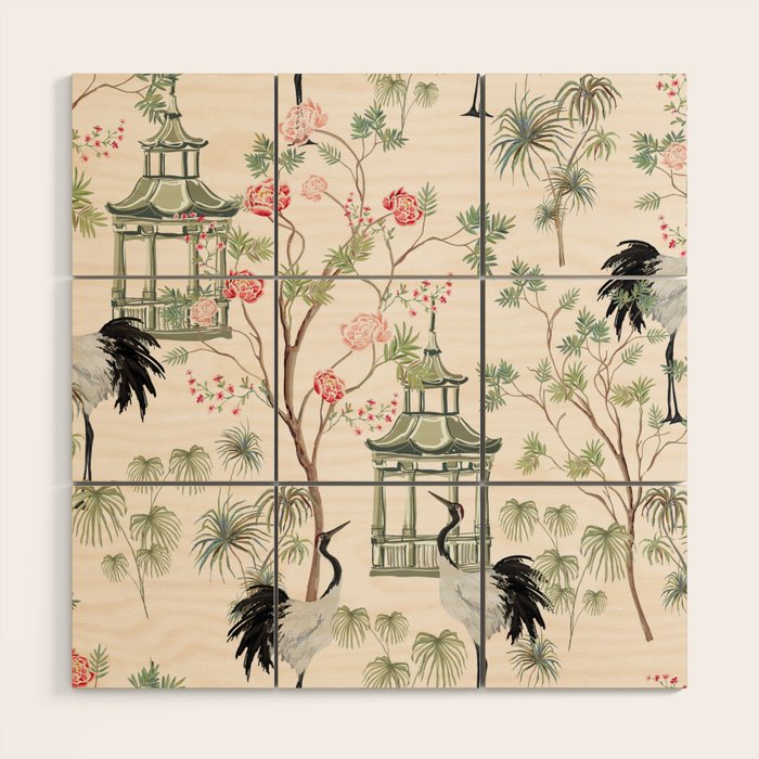 Chinoiserie Blush Pink Blooming Peony Pagoda Bird Garden Pattern Wood Wall Art Gallery Image 1