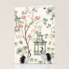 Chinoiserie Blush Pink Blooming Peony Pagoda Bird Garden Pattern Stationery Card Gallery Image 2
