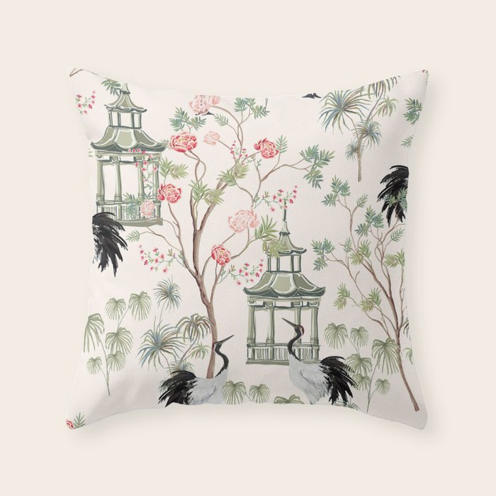 Chinoiserie Blush Pink Blooming Peony Pagoda Bird Garden Pattern Throw Pillow Gallery Image 6