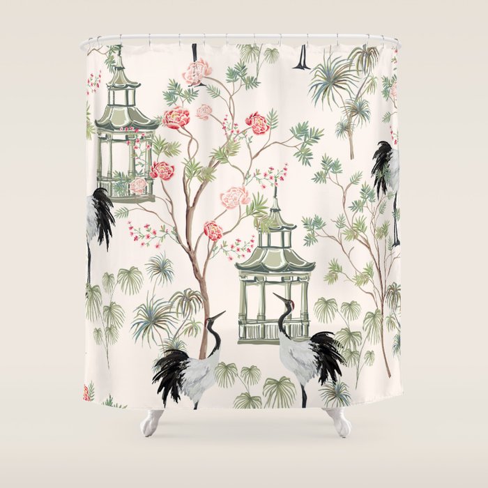 Chinoiserie Blush Pink Blooming Peony Pagoda Bird Garden Pattern Shower Curtain Gallery Image 1